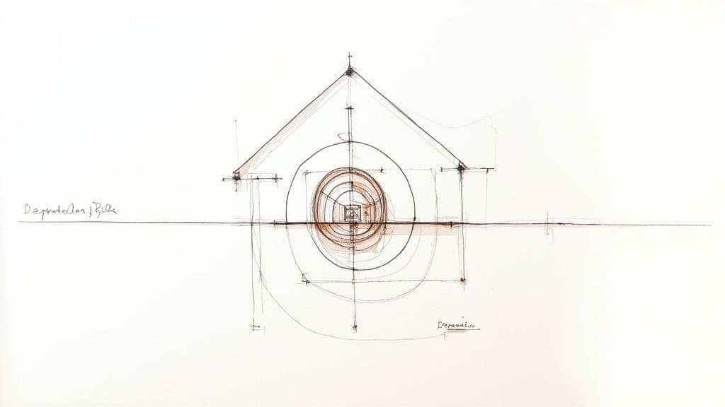 Architectural sketch showing concentric circles within a house structure representing clean architecture layers and dependencies