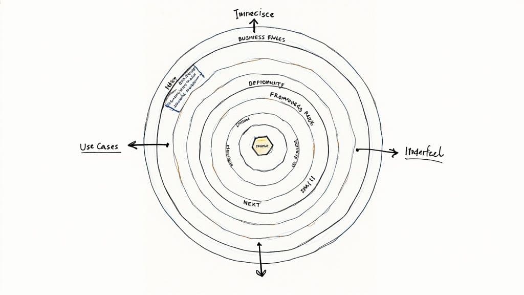 An image representing Robert Martin's Clean Architecture with concentric circles, showing dependencies pointing inwards.
