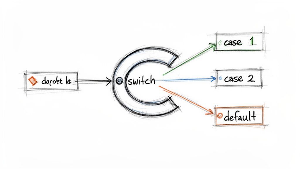 A handwritten flowchart illustrating a programming switch statement with input, case 1, case 2, and a default path.