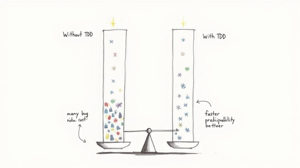 A hand-drawn balance scale comparing software development without TDD (many bugs, heavy) to with TDD (fewer issues, lighter).