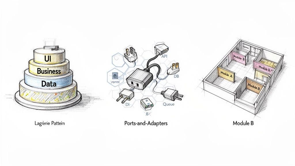 Three software architecture diagrams illustrating design patterns: Layered, Ports-and-Adapters, and Module B.
