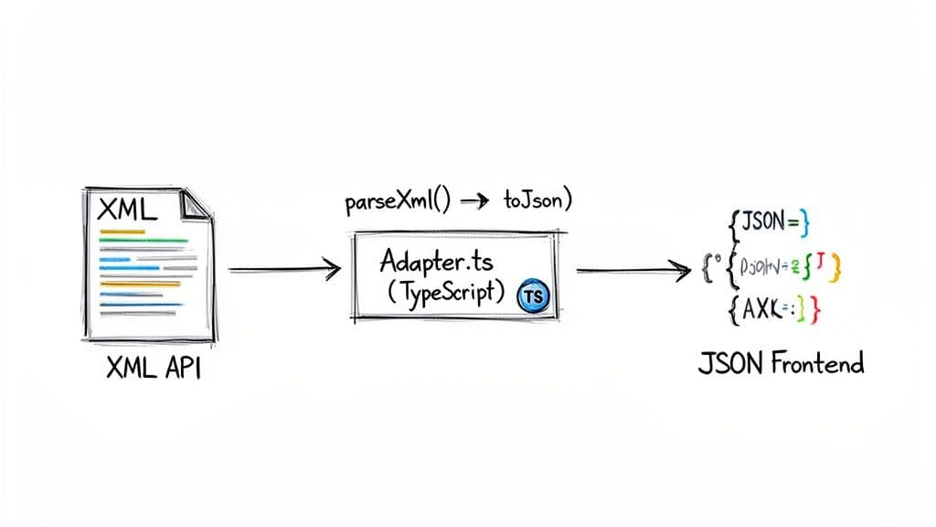 Diagram illustrating an Adapter design pattern, converting XML API data to JSON for a frontend using TypeScript.