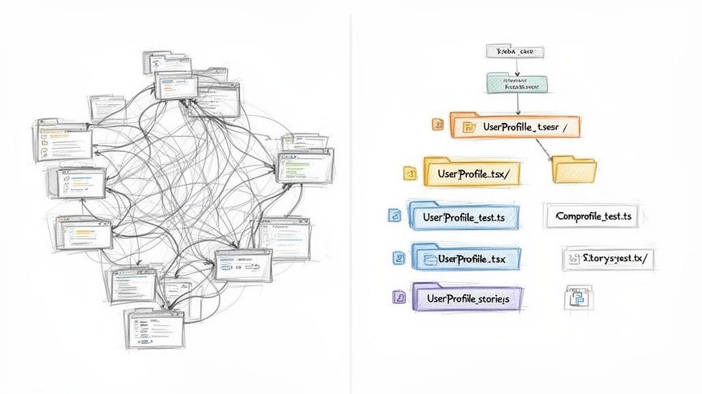 Two diagrams illustrating programming complexity: a chaotic network of files versus a well-organized, hierarchical structure.