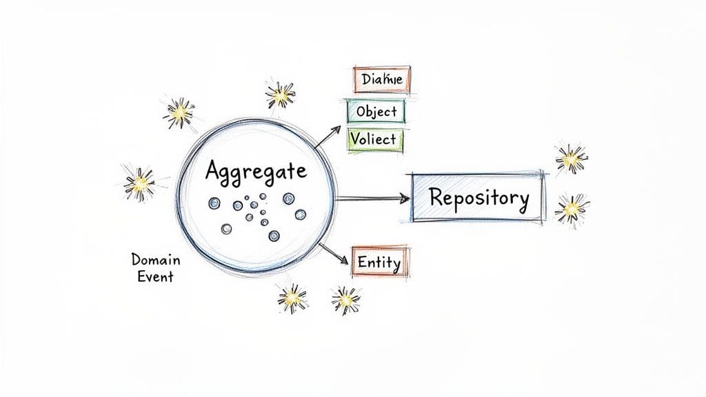 A Domain-Driven Design diagram illustrates an Aggregate with internal elements, Domain Events, Entities, Value Objects, and Repositories.
