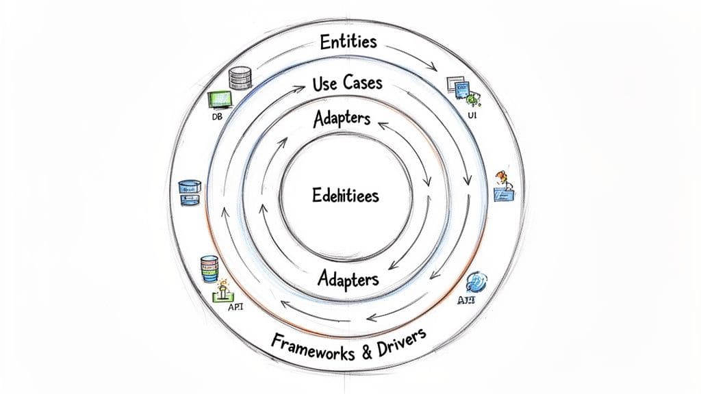 A hand-drawn concentric circle model illustrating Clean Architecture layers: Entities, Use Cases, Adapters, Frameworks & Drivers, with external components.