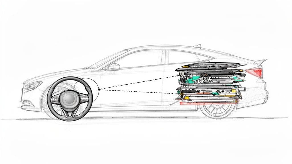 A sketch of a car showing a steering wheel connected to stacked internal electronic components.