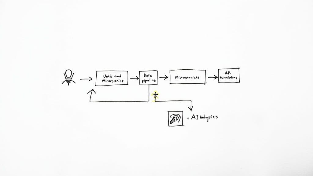 Hand-drawn diagram of an enterprise IT architecture showing data flow, microservices, and AI analytics feedback.