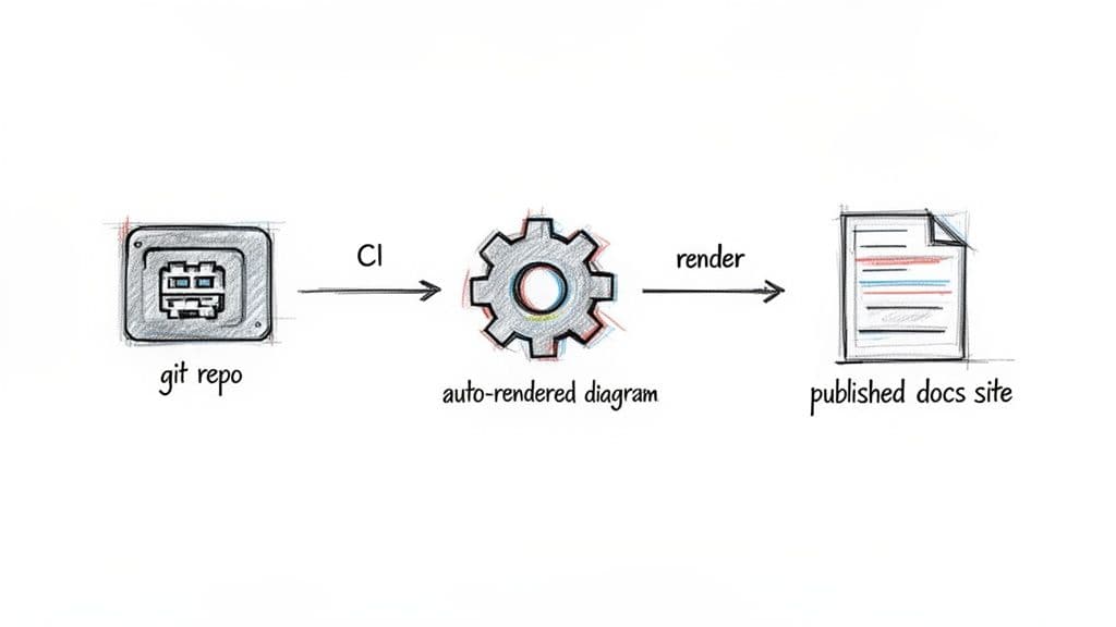 A diagram illustrating the continuous integration workflow from a git repository to a published documentation site.