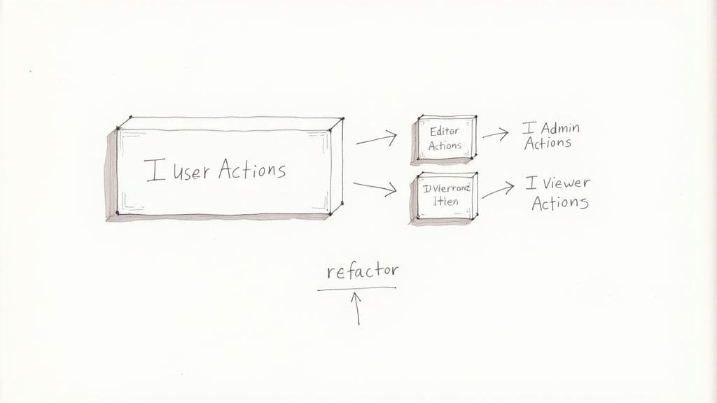 Hand-drawn diagram showing refactoring of 'I user Actions' into 'Editor' and 'Viewer' specific interfaces.