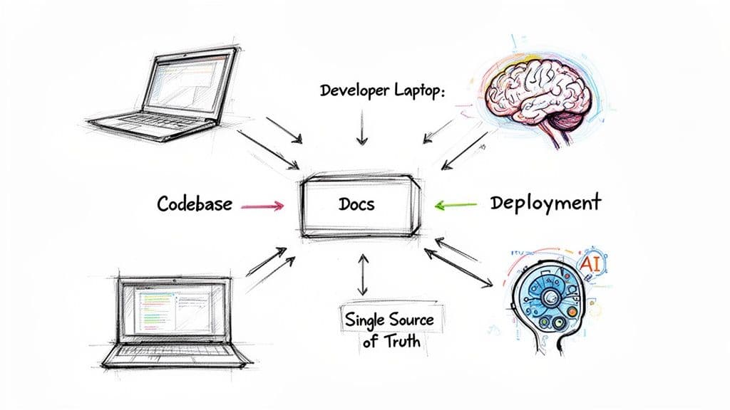 A software architecture diagram illustrating 'Docs' as a central hub for development, codebase, deployment, and knowledge.