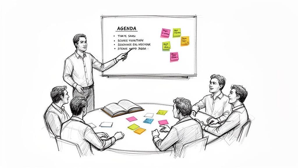 A presenter explains an agenda on a whiteboard to a small group of colleagues sitting at a round table.