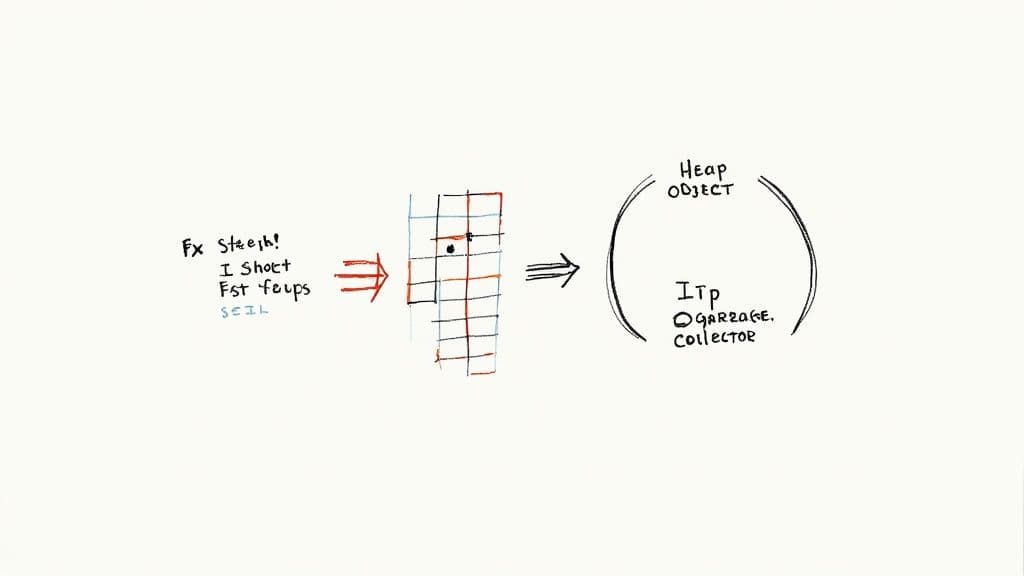 A diagram showing the difference between stack and heap memory allocation.