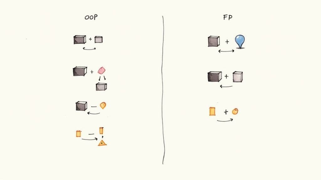 A diagram visually comparing Object-Oriented Programming (OOP) and Functional Programming (FP) concepts.