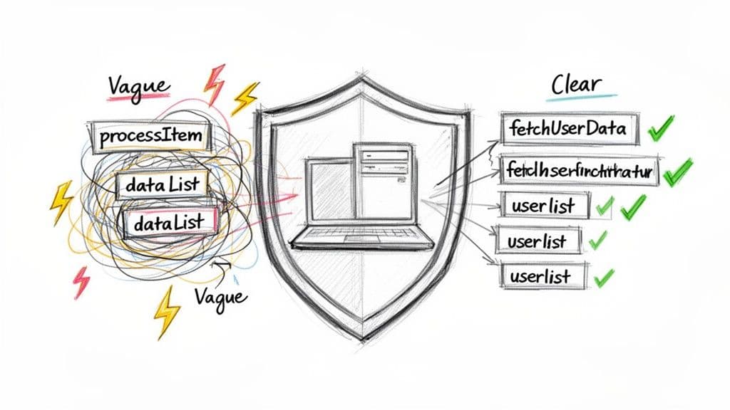 Shield protects against vague programming names, promoting clear and descriptive variable conventions.