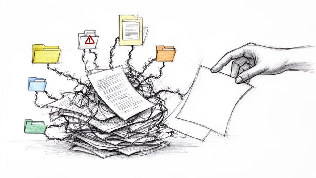 Hand pulls paper from messy document pile, with various folders including one showing a warning sign.