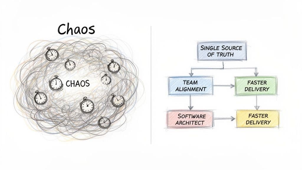 Diagram contrasting chaotic development with a structured workflow for faster delivery using a single source of truth.