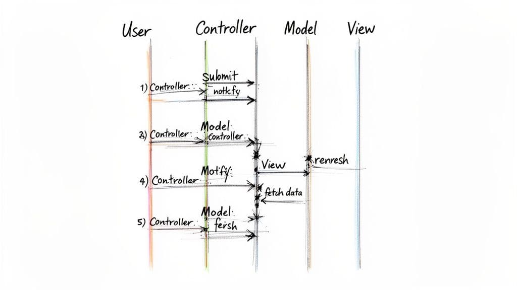 Handwritten MVC pattern diagram illustrating interaction flow between User, Controller, Model, and View.