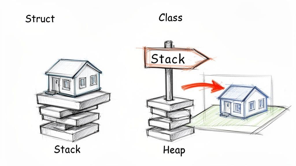 Diagram illustrating Structs stored on the Stack and Classes referenced from the Stack to the Heap.