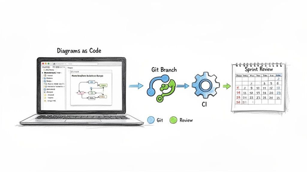 Workflow showing diagrams as code on a laptop, integrated via Git branch and CI, leading to a sprint review.