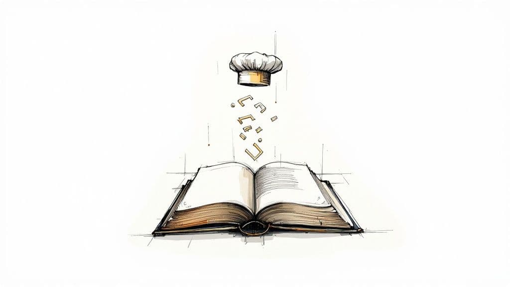A sketch of a chef's hat dropping golden letter shapes into an open cookbook.
