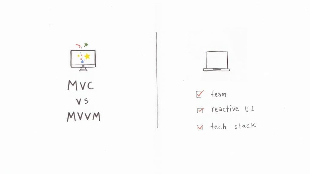 Diagram comparing MVC and MVVM software architectural patterns, showing a monitor and a checklist.