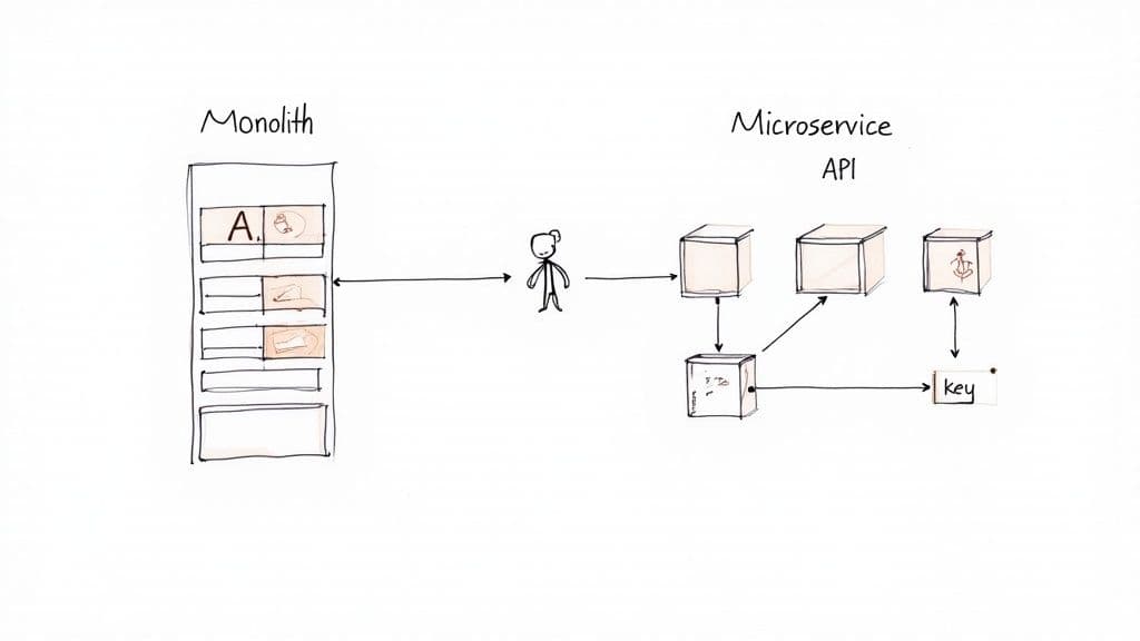Diagram comparing monolithic architecture with microservice API architecture showing interconnected boxes and services
