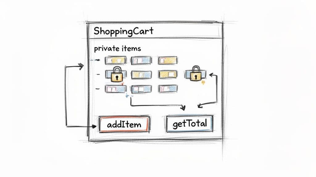 Diagram illustrating object-oriented encapsulation with a ShoppingCart class, private items, and public methods.