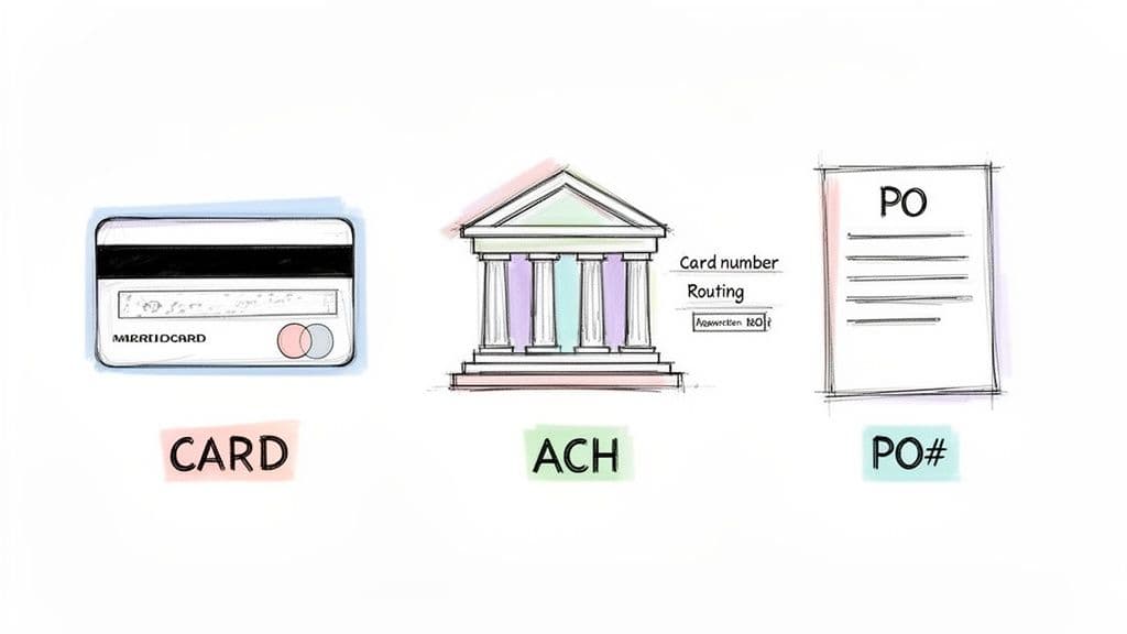 Illustrates three payment methods: credit card, ACH bank transfer via a bank building, and a purchase order document.