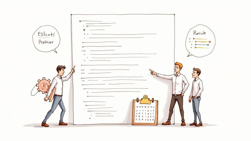 Three developers discuss code quality and review processes using tools like Eslint and Prettier.