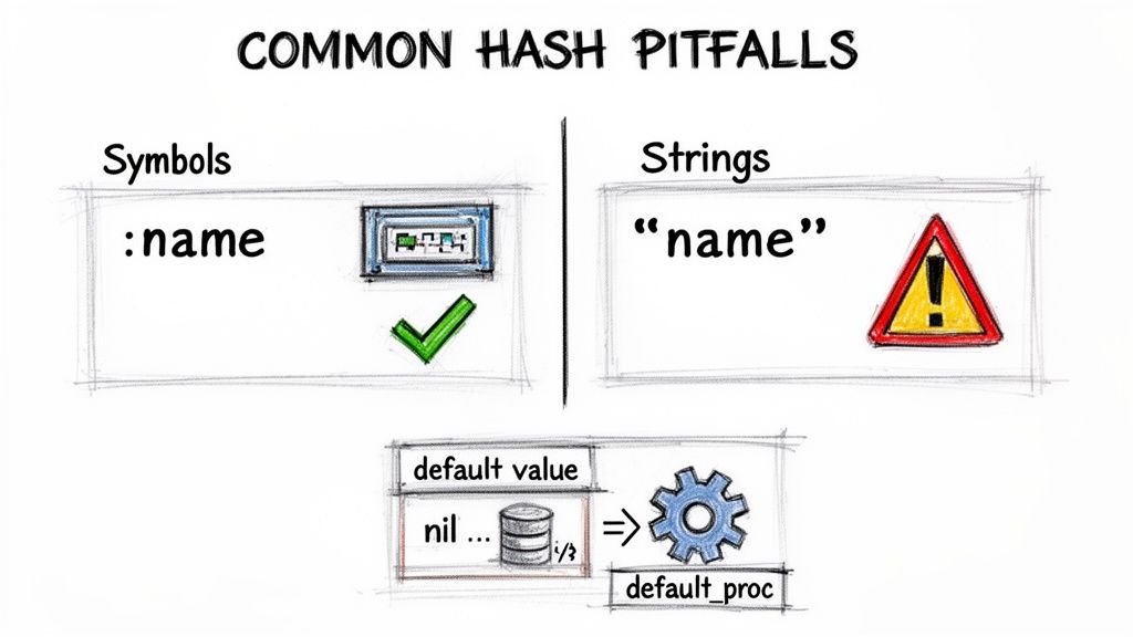 An illustration highlighting common hash pitfalls, comparing symbols versus strings for keys, and showing default value and proc.