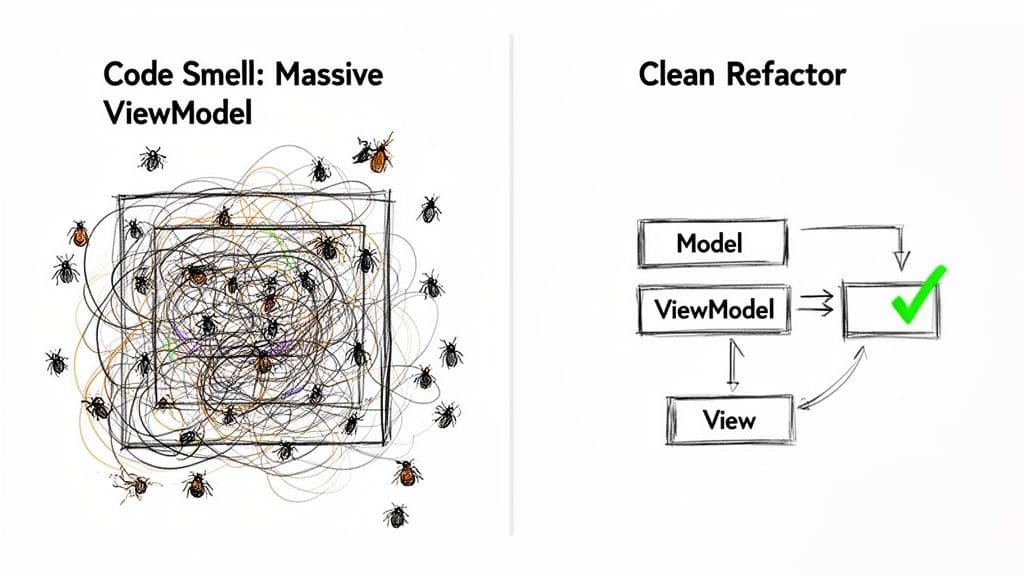 Diagram contrasting a massive, buggy ViewModel code smell with a clean, refactored Model-View-ViewModel architecture.