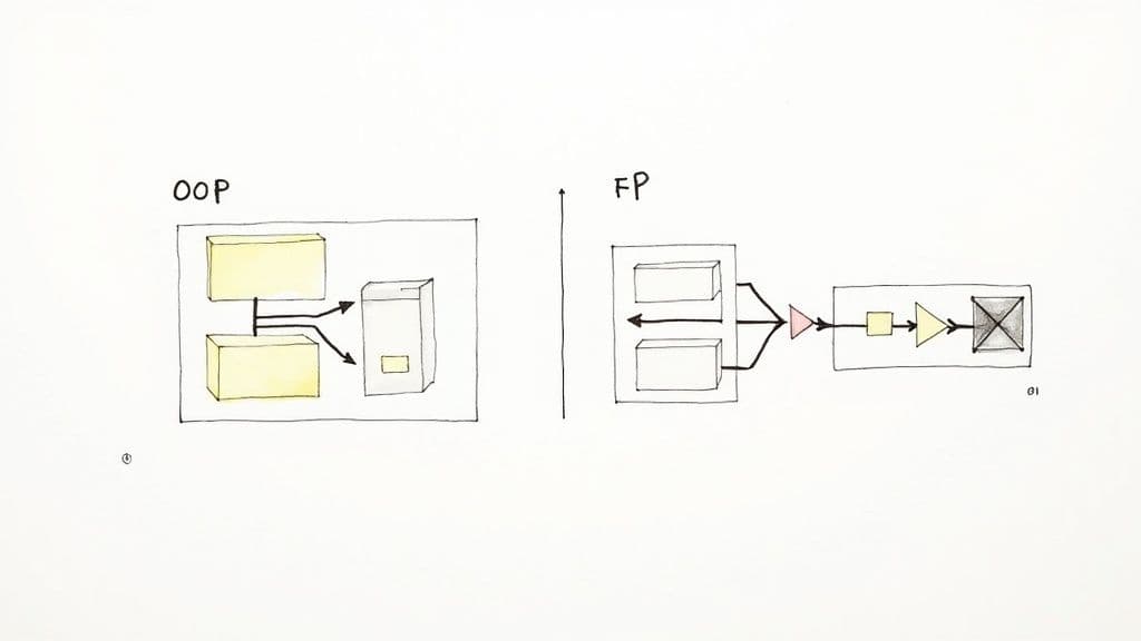 Diagram comparing Object-Oriented Programming (OOP) and Functional Programming (FP) paradigms visually.