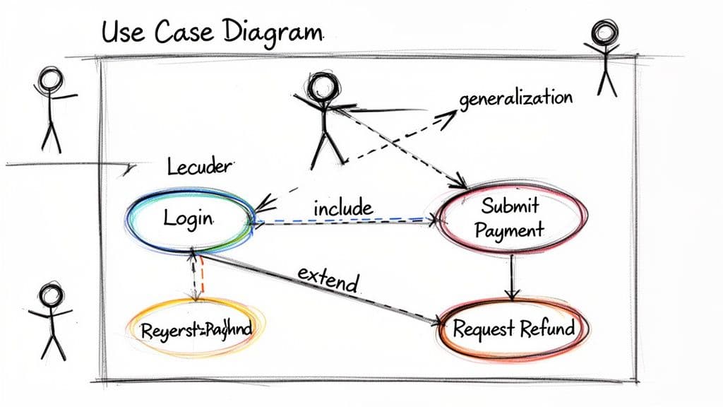 Hand-drawn use case diagram showing user interactions with login, payment, and refund processes.
