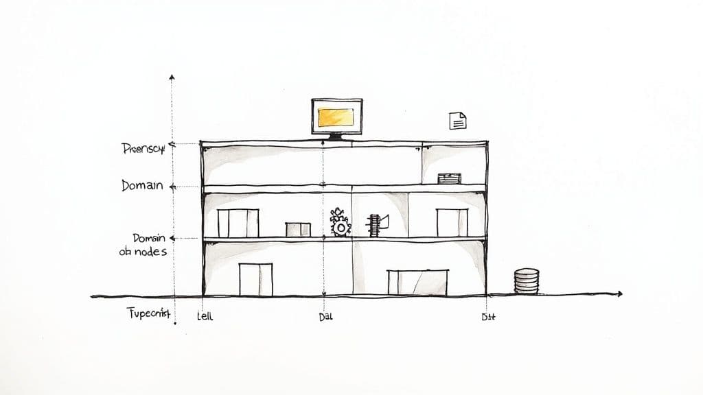 A hand-drawn diagram illustrating a layered software architecture, resembling a building with divisions.