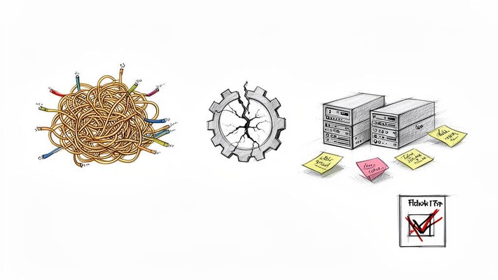 Visualizing IT and project challenges: tangled cables, a cracked gear, server issues with sticky notes, and a failed checklist.