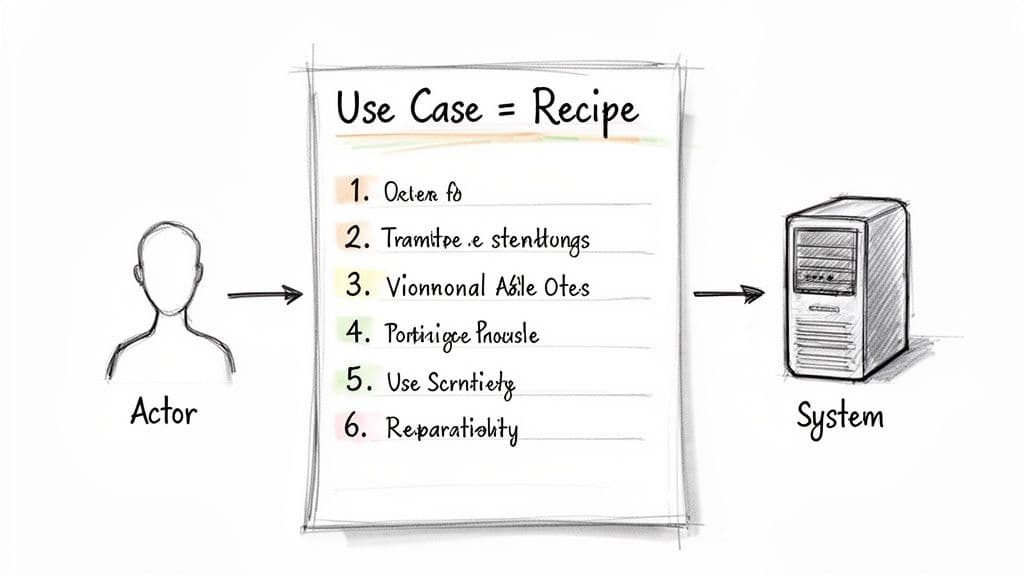 A diagram illustrating an Actor following a numbered 'Use Case = Recipe' list to interact with a System.