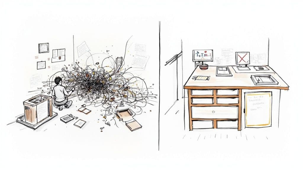 A developer's desk with multiple monitors showing lines of code, illustrating a focused coding environment.