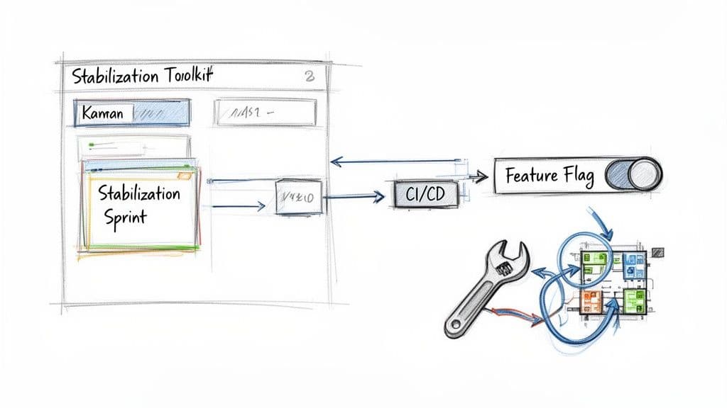 A sketch diagram illustrating a stabilization toolkit, sprint, CI/CD, feature flags, and system maintenance.