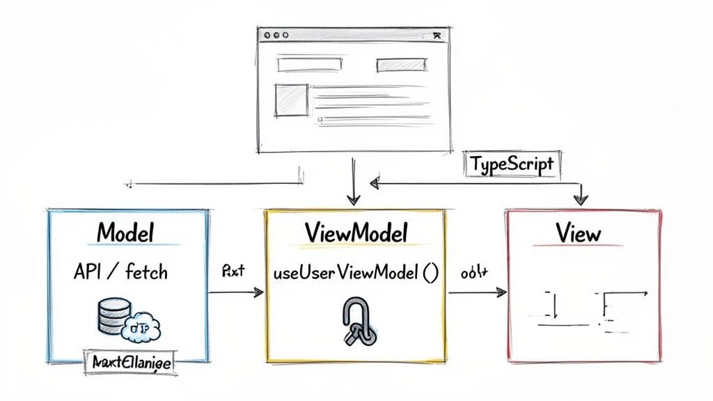 A diagram illustrates the Model-View-ViewModel (MVVM) architecture with API, database, TypeScript, and data flow.