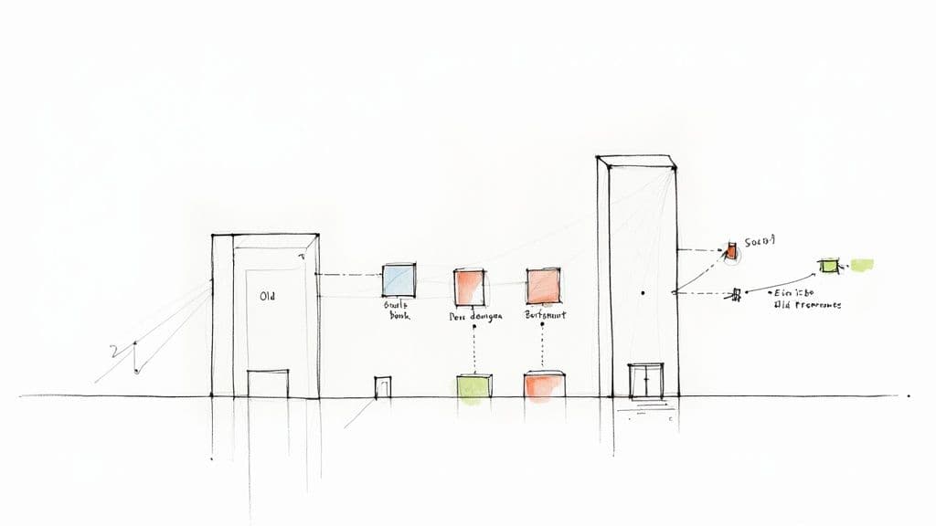 A conceptual sketch depicting an 'Old' building connecting to labeled modern system components like 'Gants bank'.