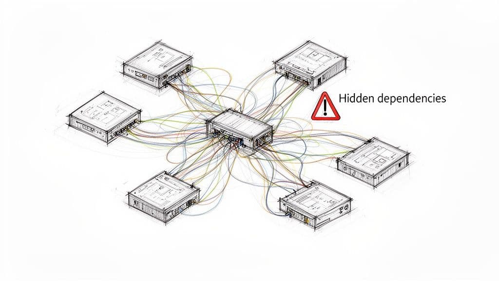 Sketch of a complex system with a central device and six interconnected components, highlighting 'Hidden dependencies'.