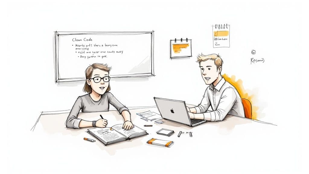 Two people, a man and a woman, collaborate at a desk with a laptop and a book, discussing clean code.