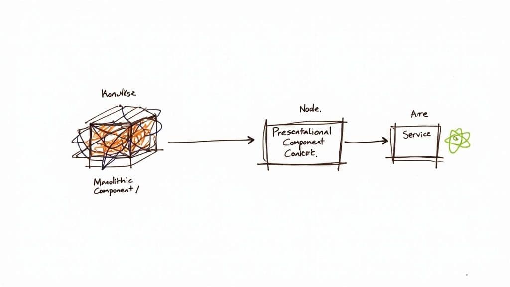 A diagram illustrates software refactoring, showing a monolithic component transforming into a presentational component node and then a service.