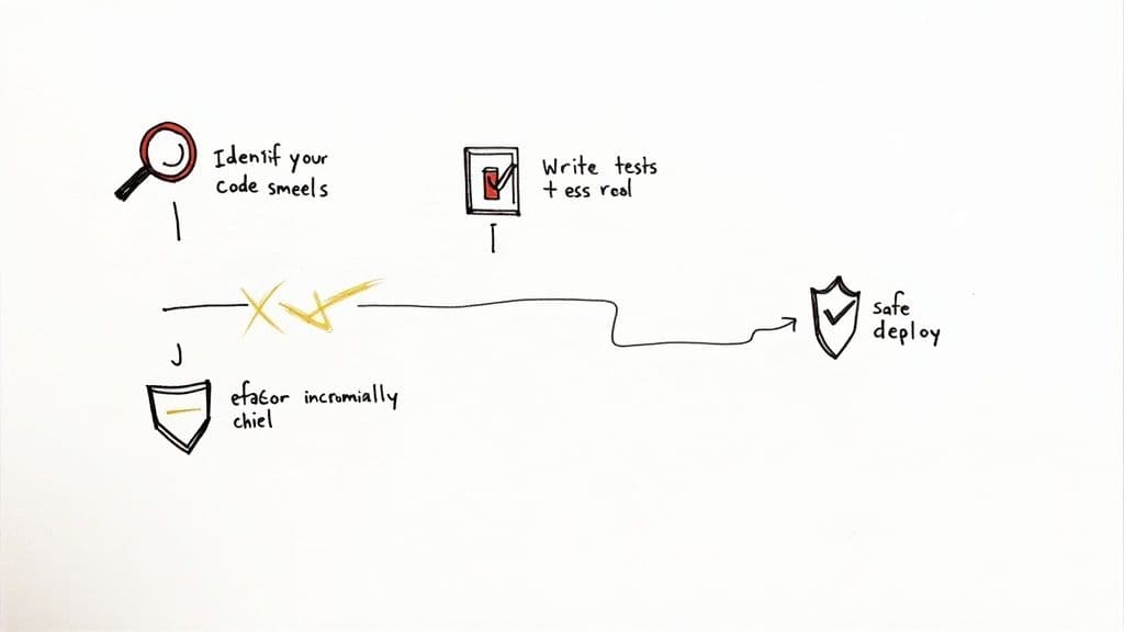 A complex network of lines and nodes untangling into a clean, straight path, symbolizing code refactoring.