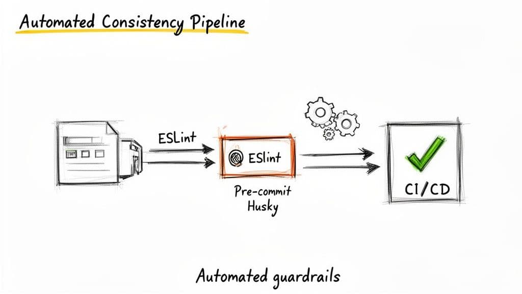 Diagram showing an automated consistency pipeline with ESLint, Pre-commit Husky, and CI/CD for code quality.