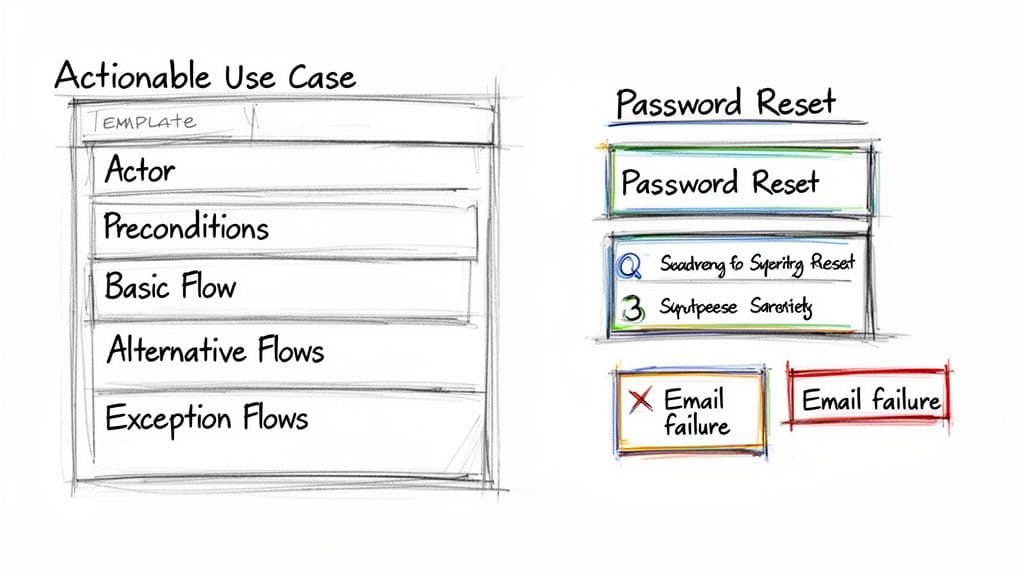 Diagram illustrating an actionable use case template and password reset scenarios with email failures.