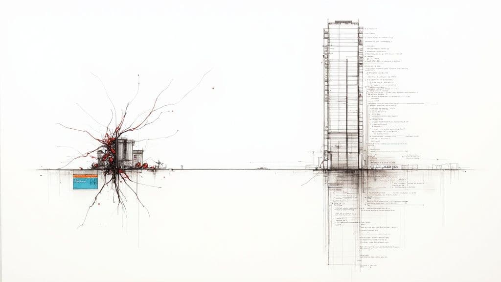 Complex architectural drawing featuring an organic structure, a skyscraper cross-section, and detailed annotations.