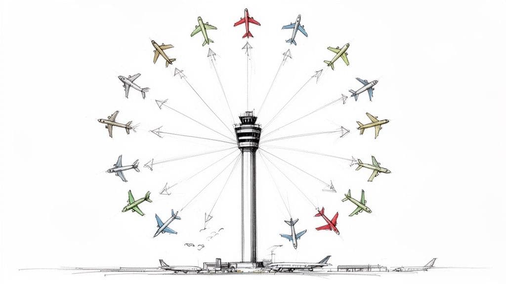 An air traffic control tower surrounded by colorful airplanes in a circular pattern, illustrating air traffic management.