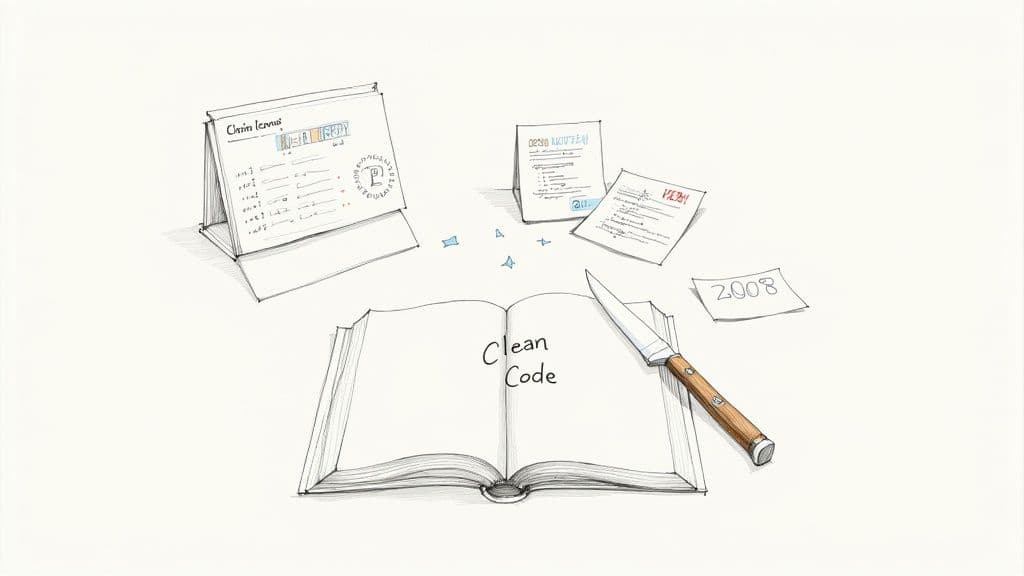 Sketch of an open “Clean Code” book, knife, papers, and a “2008” note.