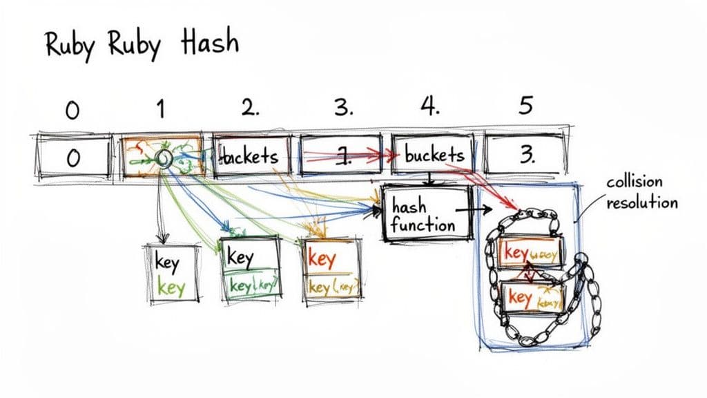 Diagram illustrating the internal structure and collision resolution of a Ruby Hash.